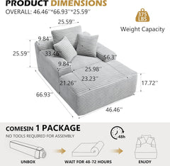 67" Oversized Chaise Lounge Chair Indoor – Deep Seat Corduroy Upholstered Sleeper Couch, Boneless Cloud Sofa Bed for Living Room Bedroom, No Assembly Required (Light Grey)