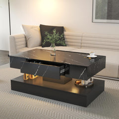 35.31" LED Coffee Table with Unique Architectural Shape, Modern 2 Tiers White Center Table with LED Light, Faux Marble Stickers Cocktail Tea Accent Table for Living Room