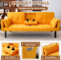 72" Pink Velvet Futon Couch Living Room Couch Bed Convertible Sleeper Sofa Bed with Cup Holder for Bedroom Guest Bed 2 Seater Reclining Sofas Couches with Nailhead Trim for Small Space (Pink)