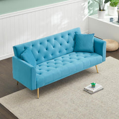 Convertible Loveseat Sofa Bed:Adjustable Tufted Backrests,Golden Metal Legs,Velvet Upholstered Folding Sleeper Futon Couch for Small Space Living Room Office (Green)