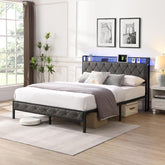 Full Size Led Bed Frame with Storage Headboard and Charging Station,Full Upholstered Platform Bed Frame with Heavy Metal Slats Support,Noise Free, No Box Spring Needed (Full)