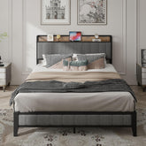 Full Bed Frame with Upholstered Headboard, Full Platform Bed with Charging Station, Metal Slats Support, No Box Spring Needed, Noise-Free, Easy Assemble (Light Grey, Full)