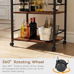 3 Tier Kitchen Cart, Rolling Bar Cart for Tea, Coffee, Liquor, and Drink Service with Removable Serving Detachable Server, Rustic Brown and Black