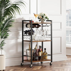 TUTOTAK Bar Cart, Home Bar Serving Cart with 3-Tier Mirrored Shelf, Drink Cart, Mobile Kitchen Shelf with Wine Rack, Gold BC01BB033