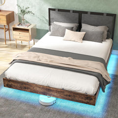 Floating Bed Frame, Full Size Platform Bedframe with Hanging Upholstered Headboard & LED Lights, Industrial Wooden Bed Frames with Metal Slats Support, No Box Spring Needed, Black+Brown (Full)