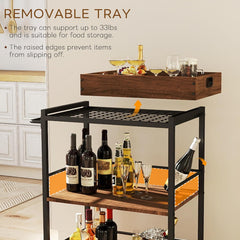 3 Tier Kitchen Cart, Rolling Bar Cart for Tea, Coffee, Liquor, and Drink Service with Removable Serving Detachable Server, Rustic Brown and Black