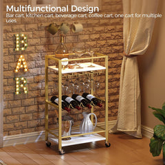 Bar Cart for Home, Mini Rolling Wine Cart, 3 Tier Serving Cart, Kitchen Storage Cart with Wine Rack and Glass Holders, for Kitchen, Dining Room, Living Room, Gold and White RCJW9301