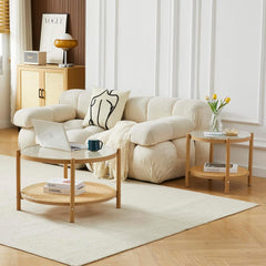 COSVALVE 27.5" Boho Rattan Coffee Table, Round Glass Metal Center Table, Modern Simple 2 Tier Middle Table for Small Space Living Room Bedroom Office Meeting Room