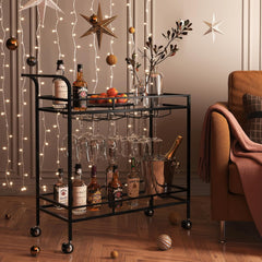 Black Bar Cart, Serving Cart with Wheels and Handle, Small Bar Cart with Wine Rack and Glass Holder, Modern Glass Beverage Cart, Mini Bar Carts for Small Spaces