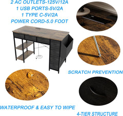 KEIKI 47 Inch Computer Desk with 7 Fabric Drawers, Small Home Office Desk with Power Outlets & USB Ports, Side Pocket & Storage Shelves, Modern Writing Desk Study Desk for Small Space, White