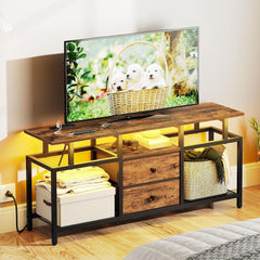 TV Stand with LED Light and Power Outlets, Entertainment Center with Fabric Drawers and Open Shelves, 41.7" TV Cabinet for TVs up to 45 Inch, Media Console for Living Room, Brown DS03UDBR