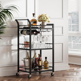 TUTOTAK Bar Cart, Home Bar Serving Cart with 3-Tier Mirrored Shelf, Mobile Kitchen Shelf, Rolling Beverage Cart, Black BC01BK034
