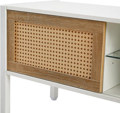 TV Stand, 54.33" TV Console for TVs up to 65 Inches, Mid Century Modern TV Stand Entertainment Center with Storage, with Rattan Door, Shelves & 2 Cabinets, 16 Color Light Strip, White