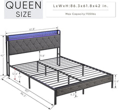Full Size Led Bed Frame with Storage Headboard and Charging Station,Full Upholstered Platform Bed Frame with Heavy Metal Slats Support,Noise Free, No Box Spring Needed (Full)