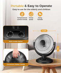 Joy Pebble Space Heater, 400W/800W Oscillating Electric Heater with 2-Level Rapid Heating, 180-Min Timer, Radiant Dish Heater with Tip-over&Overheat Protection, Portable Space Heater for Home/Office