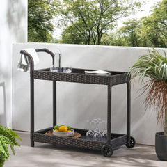 Brown Bar Cart with Wheels, Resin Wicker & Metal Frame, Mobile Storage with Flat Top & Bottom Shelf, for Entertaining Guests
