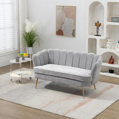 59" Modern Loveseat for Small Spaces,Upholstered Love Seat Couch with Gold Metal Legs,Mid Century 2-Seater Sofa with Flower Shaped Back for Living Room Bedroom Office (Chenille, Beige)