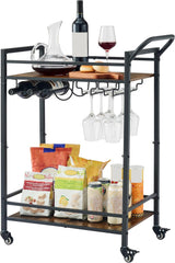 Tajsoon 2-Tier Mobile Bar Serving Cart, Industrial Style Beverage Cart with Wine Rack and Glass Holder, Rolling Drink Trolley for Kitchen, Living Room, Rustic Brown