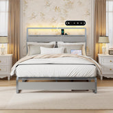 Silver Queen Bed Frame with Storage Headboard, Metal Platform Bed with LED Lights and Charging Station, Heavy Duty Wood Slat Support, No Box Spring Needed, Easy Assembly (Silver, Queen)