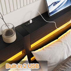 Full Bed Frame with Wooden Headboard, RGB LED Lights, USB Charging Station, Storage Shelf, Metal Bed Frame, No Box Spring Needed (Full -1)