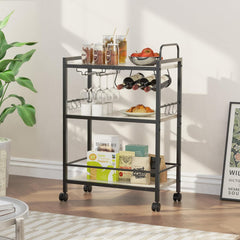 Home Bar Serving Cart, Serving Cart with Wheels and Handle, 3 Tier Rolling Kitchen Cart, Microwave Cart, Beverage Cart with Wine Holder and Glass Holders, for Dinning Room, Living Room, Kitchen