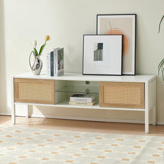 TV Stand, 54.33" TV Console for TVs up to 65 Inches, Mid Century Modern TV Stand Entertainment Center with Storage, with Rattan Door, Shelves & 2 Cabinets, 16 Color Light Strip, White