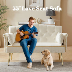 Modern Velvet Loveseat Sofa with Storage Bag, Small Love Seat Couches with Gold Metal Legs, Office Couch for Small Spaces, Comfy Bedroom Sofa Couch for Living Room, Waiting Room (Pink)