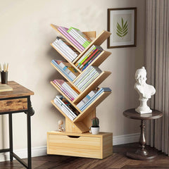 8 Tier Book Shelf 48 Inches Tall with Drawers, Kids Wood Bookshelf Modern Open Narrow for Books and Plants Display, Creative Tree Shape Etagere Bookcase for Bedroom, Living Room, Classroom Wooden Col