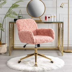 Faux Fur Vanity Makeup Desk Chair,Comfy Fluffy Office Desk Chair with Wheels, Upholstered Fuzzy Leisure Armchair Height Adjustable Rolling wivel Chair for Women, Girls,Bedroom,Home Office,Pink