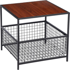 SUPER DEAL 2 Tier Side Table with Mesh Basket, 20 inch Square End Table Nightstand for Bedroom Living Room, Mini Fridge Stand Printer Stand for Office, Red Mahogany Wood Grain