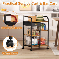 keomaisyto Microwave Cart with Storage, Kitchen Island Cart with Table Top & Drawer, 3 Tier Rolling Utility Cart with Adjustable 2 Storage Shelves, Coffee Bar Shelf for Kitchen/Dining/Living Room