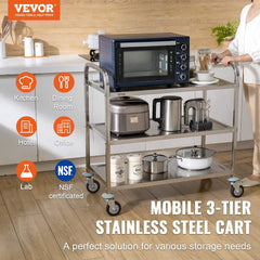 VEVOR Lab Rolling Cart, 2-Shelf Stainless Steel Rolling Cart, Lab Serving Cart with Swivel Casters, Dental Utility Cart for Clinic, Lab, Hospital, Salon, 15.16"x21.57"x34.06"