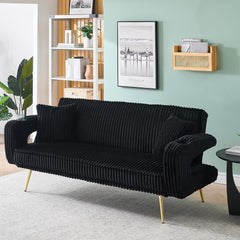 74" Corduroy Futon Sofa Bed, Modern Loveseat Futon Couch with Adjustable Backrest, Convertible Sleeper Sofa with 2 Square Pillows & Cup Holders, Couches for Living Room, Bedroom, Apartment (Pink)