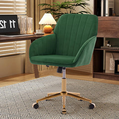 Green Velvet Office Chair with Wheels and Adjustable Height, Ergonomic Swivel Chair with Armrests and Backrest Seat, Modern Upholstered Vanity Chair for Living Room, Bedroom, Office
