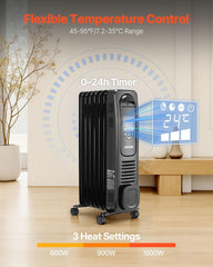 VEVOR Electric Oil Filled Radiator, 1500W Radiant Space Heater with LED Screen, Over-Heat Protections,24h Timer, Portable Handle Casters, Thermostat,Remote Control for Indoor Use,Black