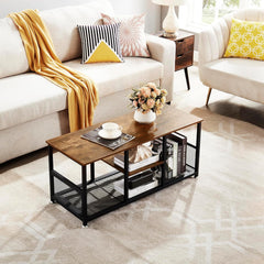 VECELO 39 Coffee Table with Storage Shelf for Living Room Industrial Wood and Metal Frame Easy Assembly Retro Brown