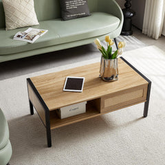 Modern Rattan Storage Coffee Table, Features a Sliding Door Cabinet and Strong Metal Leg Frame, Ideal for Use in The Living Room, Office Area, or Apartment, Providing Discreet Storage for Clutter