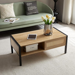 Modern Rattan Storage Coffee Table, Features a Sliding Door Cabinet and Strong Metal Leg Frame, Ideal for Use in The Living Room, Office Area, or Apartment, Providing Discreet Storage for Clutter