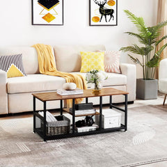 VECELO 39 Coffee Table with Storage Shelf for Living Room Industrial Wood and Metal Frame Easy Assembly Retro Brown