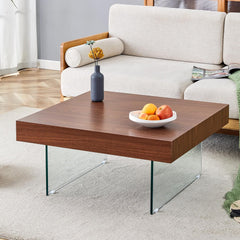 Natural Style Square MDF Coffee Table with Tempered Glass Legs, 31.5"x31.5" Modern Glass Coffee Table, Elegant Center Table for Living Room, Durable Density Board Top with Wood Grain Texture(Walnut)