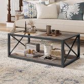 Modern Industrial Coffee Table with Tempered Glass & Rustic Wood Grain MDF, X-Frame Metal Legs, Storage Center Table for Living Room, 39.37" -Natural or Grey Wood Finish (Natural Wood Finish)