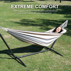 Double Hammock with Stand Included 450lb Capacity Space Saving Steel Stand,Premium Carry Bag Included,Suit for Outside,Indoor,Yard,Camping(Coffee).