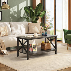 WLIVE Coffee Table for Living Room, 39" Modern 2-Tier Center Table with Round Corners, Storage Shelf, Farmhouse Style Small Coffee Table with Metal Frame, Rustic Brown