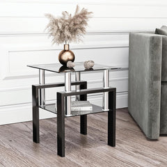 1 Piece Modern Square Black Tempered Glass Coffee Table, Chic and Durable end Table or Coffee Table with Metal Legs, Sturdy Structure, Suitable for Living Room Decoration