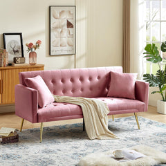 72"Modern Velvet Sofa Bed Futon,Convertible Folding Sleeper Bed Couches with 3 Adjustable Backrests,Tufted Recliner Love Seat with Golden Chrome Legs for Living Room Apartment Office (Green+pillows)