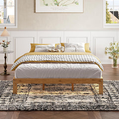 12" Low Bed Frame, Wooden Bed Frame Queen Size with LED Lights and Power Outlet, Heavy Duty Low Profile BedFrame with Wood Slats, No Box Spring Needed, Noise-Free, Easy Assembly (Natural Wood+Brown)