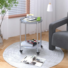 Round Coffee Table with Wheels, 2-Tier Movable Side Table, Silver Gray Metal Detachable Nightstand, Use for Bedroom, Living Room, Sofa Side, Balcony, Kitchen