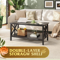 WLIVE Coffee Table for Living Room, 39" Modern 2-Tier Center Table with Round Corners, Storage Shelf, Farmhouse Style Small Coffee Table with Metal Frame, Rustic Brown