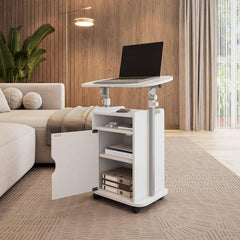 Techni Mobili Adjustable Laptop Cart with Storage, Rolling Mobile Workstation Desk with Cabinet, Shelf & Locking Wheels. Height Adjustable Sit to Stand for Home Office, Bedside, or Classroom (White)