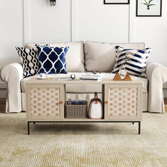 Boho Coffee Table Equipped with 4 Sliding Doors Farmhouse Wood Coffee Table with Storage Lockers for Living Room